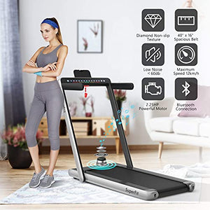 Goplus 2 in 1 Folding Treadmill, 2.25HP Under Desk Electric Treadmill, Installation-Free, with Dual Display, Bluetooth Speaker, Remote Control, APP Control, Walking Jogging Machine for Home/Office Use