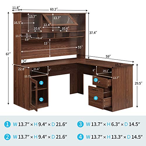 Home Office L-Shaped Desk with Hutch and Glass Doors, Writing Workstation with Shelves and File Cabinet for Home Office (Brown) (Brown)