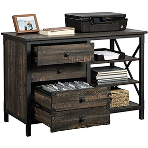 Sauder Steel River Industrial Credenza with Drawers, Carbon Oak Finish