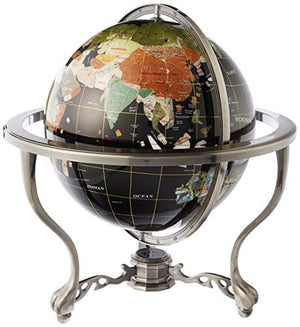 Unique Art 21-Inch Tall Black Onyx Ocean Table Top Gemstone World Globe with Silver Tripod
