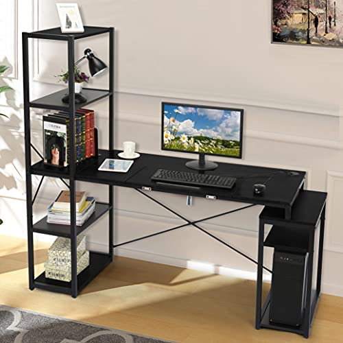 Drafting Table, Drawing Table with Adjustable Tiltable Tabletop, Multi-Function Office Desk with Storage Shelves, Large Computer Writing Desk Artist Craft Workstation for Office and Home Use (Black)