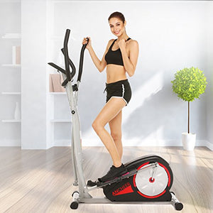 ANCHEER Magnetic Elliptical Machine, Fitness Compact Ellptical Machine with Digital Monior, 8 Level Resistance, LCD Heart Rate Sensor for Home Use Cardio Training (Red)