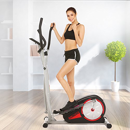 ANCHEER Magnetic Elliptical Machine, Fitness Compact Ellptical Machine with Digital Monior, 8 Level Resistance, LCD Heart Rate Sensor for Home Use Cardio Training (Red)