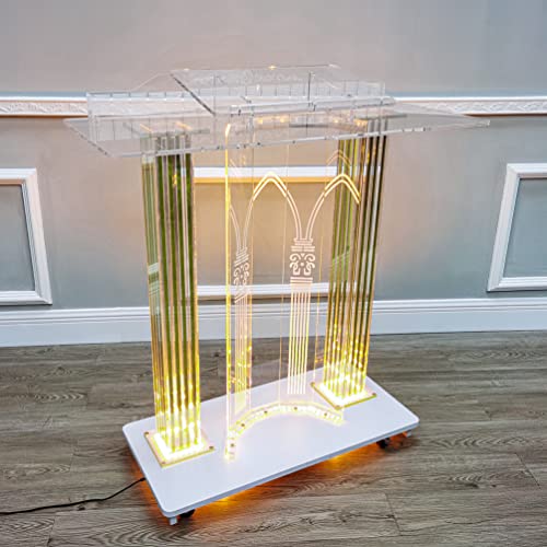 FixtureDisplays Clear Acrylic Lighted LED Podium with Casters 40" Wide X 18" Deep X 46" Tall - 21232-NPF