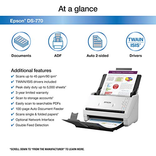 Epson DS-770 Document Scanner: 45 ppm, Twain & ISIS Drivers, 3-Year Warranty with Next Business Day Replacement