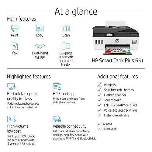 HP Smart -Tank Plus 651 Wireless All-in-One Ink -Tank Printer | up to 2 Years of Ink in Bottles | Auto Document Feeder | Mobile Print, Scan, Copy (7XV38A)