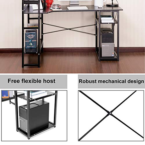 Henf Home Office Computer Desk, Modern 54" Large Writing Desk with 4 Bookshelf/2 Storage Shelves, PC Laptop Study Table Workstation for Home Office (Black)