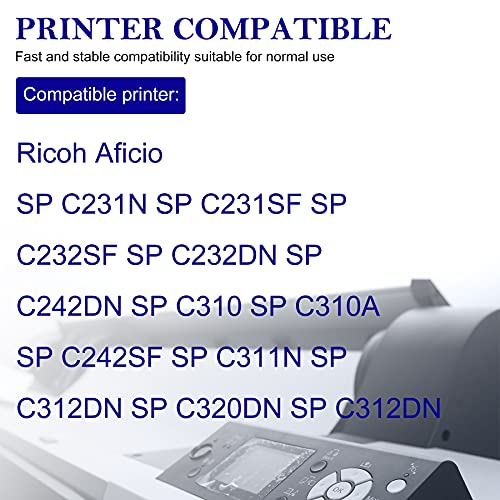 4 Pack (1BK+1C+1M+1Y) 406475 406476 406477 406478 Compatible C310HA Toner Cartridge Replacement for Ricoh Aficio SP C231N SP C231SF SP C232SF SP C232DN SP C242DN SP C310 Printer Toner Cartridge.