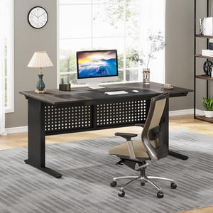 Tribesigns 63 Inch Executive Desk with File Cabinet, L Shaped Computer Desk, Gray and Black