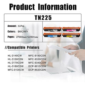 [6 Pack,3BK+1C+1M+1Y] TN225BK TN225C TN225M TN225Y Toner Cartridge Replacement for Brother HL-3140CW 3150CDN MFC-9130CW 9140CDN DCP-9015CDW Printer Toner Cartridge