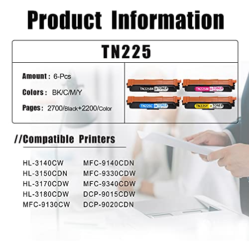 [6 Pack,3BK+1C+1M+1Y] TN225BK TN225C TN225M TN225Y Toner Cartridge Replacement for Brother HL-3140CW 3150CDN MFC-9130CW 9140CDN DCP-9015CDW Printer Toner Cartridge