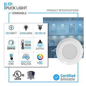LEDMyplace.com Slim LED Puck Light 4 Pack with 12V Adaptor, 3x3.5W, 600 Lumens, Wave Sensor Dimming - Kitchen Under Cabinet Light