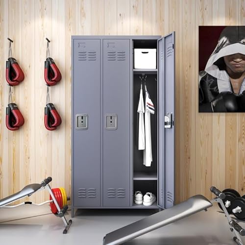 Yukimo Metal Locker Cabinet with 3 Doors Combination, Storage Locker Cabinet with Lock (Dark Grey)