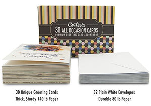 Cortesia All Occasion Premium Greeting Cards Assortment - 30 UNIQUE DESIGNS, Box set incl. Envelopes, Birthday Cards, Thank You Notes, Thinking of You, Get Well, Congratulations, Anniversary, Sympathy