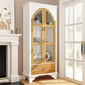 ECACAD Elegant Bookcase Storage Cabinet with Carved Doors, Wood Bookshelf Display Cabinet, 3-Tier Shelves - Brown & White