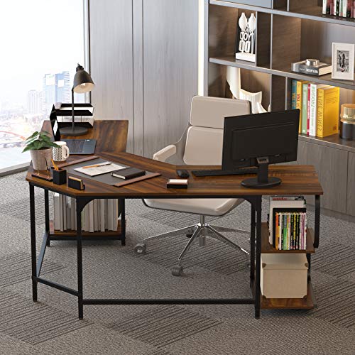 Teraves Reversible L Shaped Desk with Shelves Round Corner Computer Desk Gaming Table Workstation for Home Office