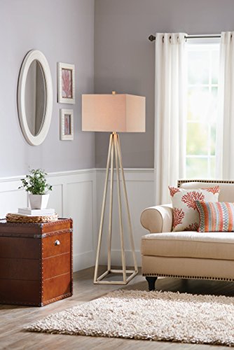 Catalina 19745-001 Contemporary Open Caged Metal Floor Lamp with Natural Linen Rectangular Shade, Bulb Included, Gold