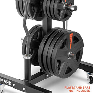 XMark Commercial Olympic Weight Plate Vertical Storage Tree, 750 lb Capacity, with Two Bar Holders and Transport Wheels