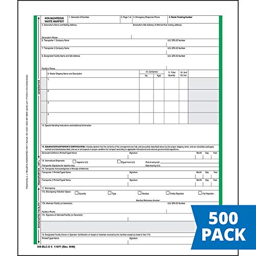 Non-Hazardous Waste Manifest - Pin-Feed Continuous Format, 5-Ply, Carbonless, 9.5” x 11”, English – Package Qty: 500 - J. J. Keller & Associates