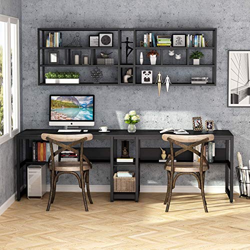 Tribesigns Two Person Desk with Bookshelf, 78.7 Computer Office Double Desk, Rustic Writing Workstation (Black)