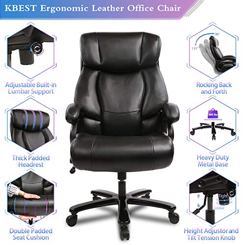 KBEST High Back Big & Tall 400lb Office Chair - Heavy Duty Metal Base, Adjustable Built-in Lumbar Support and Tilt Angle Large Bonded Leather Ergonomic Executive Desk Computer Swivel Chair, Black