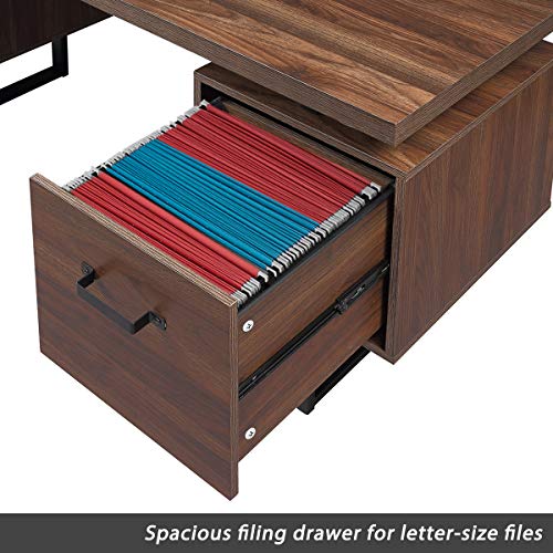 Computer Desk with 3 Drawers, 59 inch Modern Study Writing Desk Workstation with Metal Legs, Home Office Desk Work Table for PC Laptop Notebook, Walnut