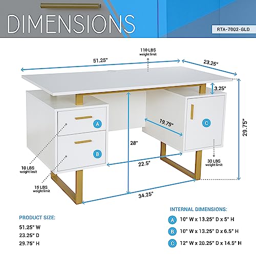 Techni Mobili Modern Office Desk with Storage Drawers and Cabinet, White/Gold