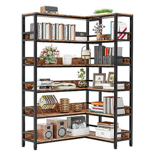 IRONCK Industrial 6-Tier Corner Bookshelf with Baffles - Metal Frame Storage Rack for Home Office