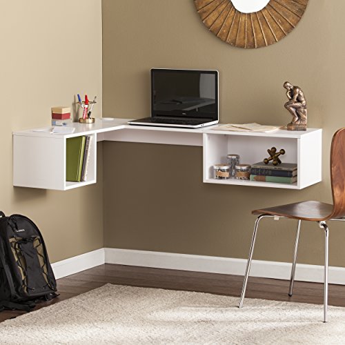 Southern Enterprises Flynn Floating Wall Mount Corner Desk - Storage Cubbies - Pure White Finish