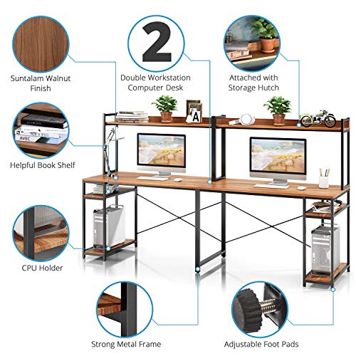 VIPEK 94.5 Inch 2 Person Desk, Large Double Computer Desk with Hutch & Storage Shelves, Extra Long Desk Writing Study Table Double Workstation Home Office Desk for Two People, Suntalam Walnut
