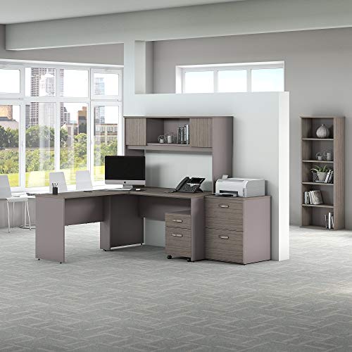 Bush Furniture Commerce 60W L Shaped Desk with Hutch, File Cabinets and Bookcase in Cocoa and Pewter