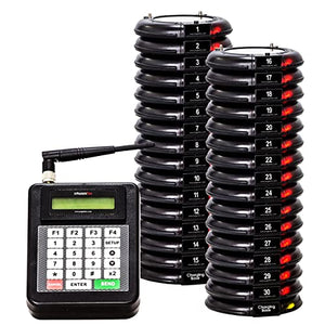 Pagertec Coaster Paging System for Restaurants, Hospitals & Hotels | 1 Transmitter, 2 Charging Bases, 30 Long Range Pagers | Up to 2 Miles Range