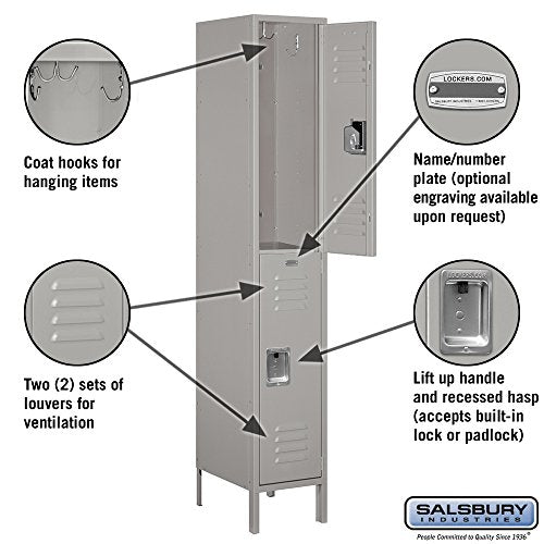 Salsbury Industries 52168GY-U Double Tier 15-Inch Wide 6-Feet High 18-Inch Deep Unassembled Extra Wide Standard Metal Locker, Gray