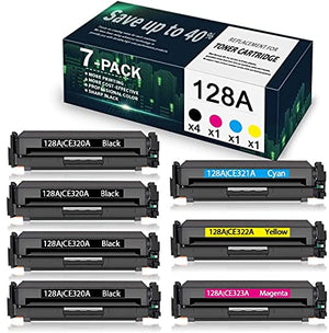 7-Pack (4BK/1C/1Y/1M) 128A | CE320A CE321A CE322A CE323A Compatible Remanufactured Toner Cartridge Replacement for HP Color Laserjet CP1525n CP1525nw CM1415fn CM1415fnw Printer Toner Cartridge.