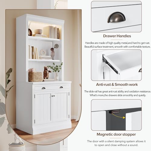VilroCaz Modern Tall Bookshelf Suite with Cabinet and Drawer - Solid Wood Storage Bookcase (White-2C)