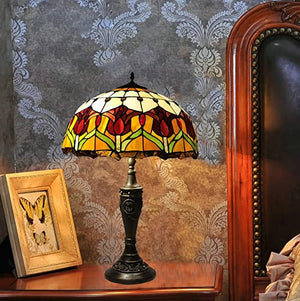 MaGiLL Tiffany Style Desk Lamp, Stained Glass Lampshade, Tulip Resin Base, Vintage Office Light - 16 Inch