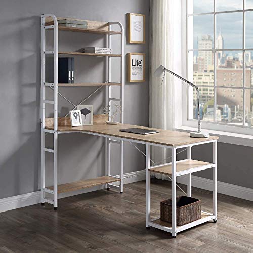 Computer Desk with 4 Tier Storage Shelves Large L-Shaped Home Office Desk PC Laptop Writing Table Workstation with Hutch Bookshelf (Oak)