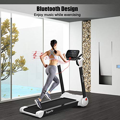 GYMAX Folding Treadmill, 2.25HP Electric Motorized Running Walking Machine with LED Touch Screen & Bluetooth Speaker, Portable Cardio Workout Treadmill for Home Gym Office (White)