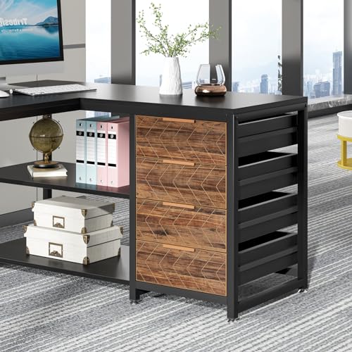 Tribesigns L-Shaped Computer Desk with Storage Drawers, Shelves - 59" Black