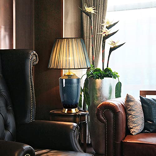 SLEEVE Blue Ceramic Table Lamp with Fabric Lampshade and Copper Base