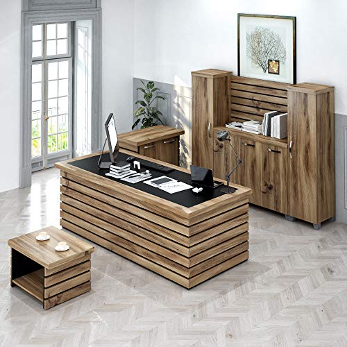 Casa Mare 87" Executive Home Office Suite | Made of Solid Wood | 4-Piece Set Including Long Desk, Credenza, Coffee Table and Large Storage Cabinet | Modern Business Furniture | Light Brown & Black