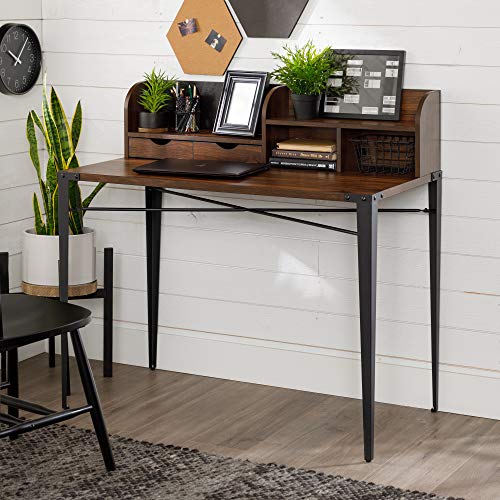Walker Edison Industrial Metal and Wood Laptop Computer Writing Desk Home Office Workstation Small with Magnetic Board, 42 Inch, Walnut Brown