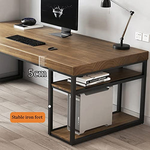 None Solid Wood Computer Desk with Storage Rack, Wrought Iron, 5cm Thick - 200x80x75cm
