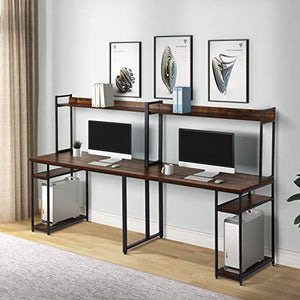 Large Home Office Desk Double Workstation Desk, Extra Long Two Person Computer Desk with Storage Shelves and Hutch,Spacious Tabletop, Multifunction Writing Study Table for Two Person (Brown)