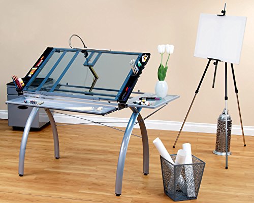 Offex Home Office Futura Craft Station with Folding Shelf Silver/Blue Glass