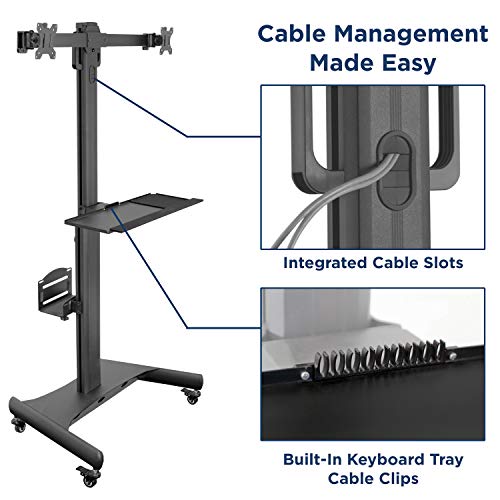 Mount-It! Adjustable Mobile PC Workstation for Dual Monitors | Mobile Standing Computer Cart with Adjustable Keyboard Tray and CPU Holder | Rolling Computer Desk Fits Monitors 13 to 32 Inches