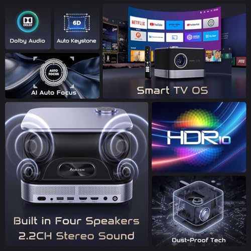 Aurzen All-in-One 4K Smart Projector with WiFi, Bluetooth, Dolby Audio, 36W Speakers