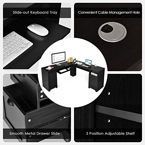 Tangkula L-Shaped Desk, 66" × 66" Corner Computer Desk with Drawers and Storage Shelf, Home Office Desk, Sturdy and Space-Saving Writing Table, Black