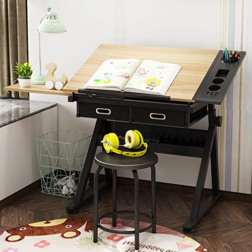 Lgan Height Adjustable Drawing Desk, Tiltable Craft Table with Storage, Maple Panel Art Desk, for Home Office Drafting Table