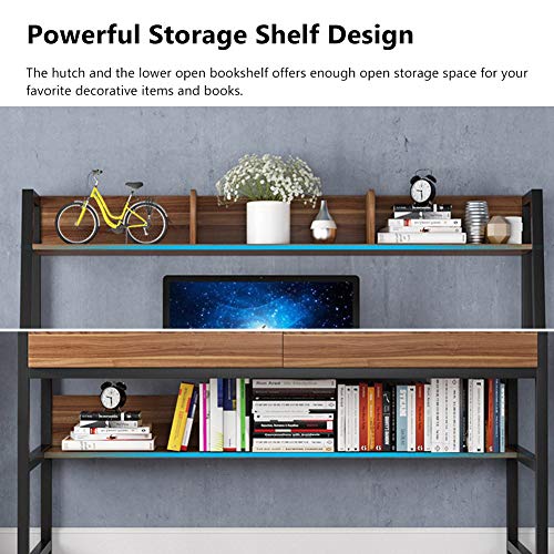 Tribesigns Computer Desk with 2 Drawers, 47 Inches Office Writing Desk with Bookshelf and Hutch, Space Saving Workstation Desk for Home Office (Dark Walnut)